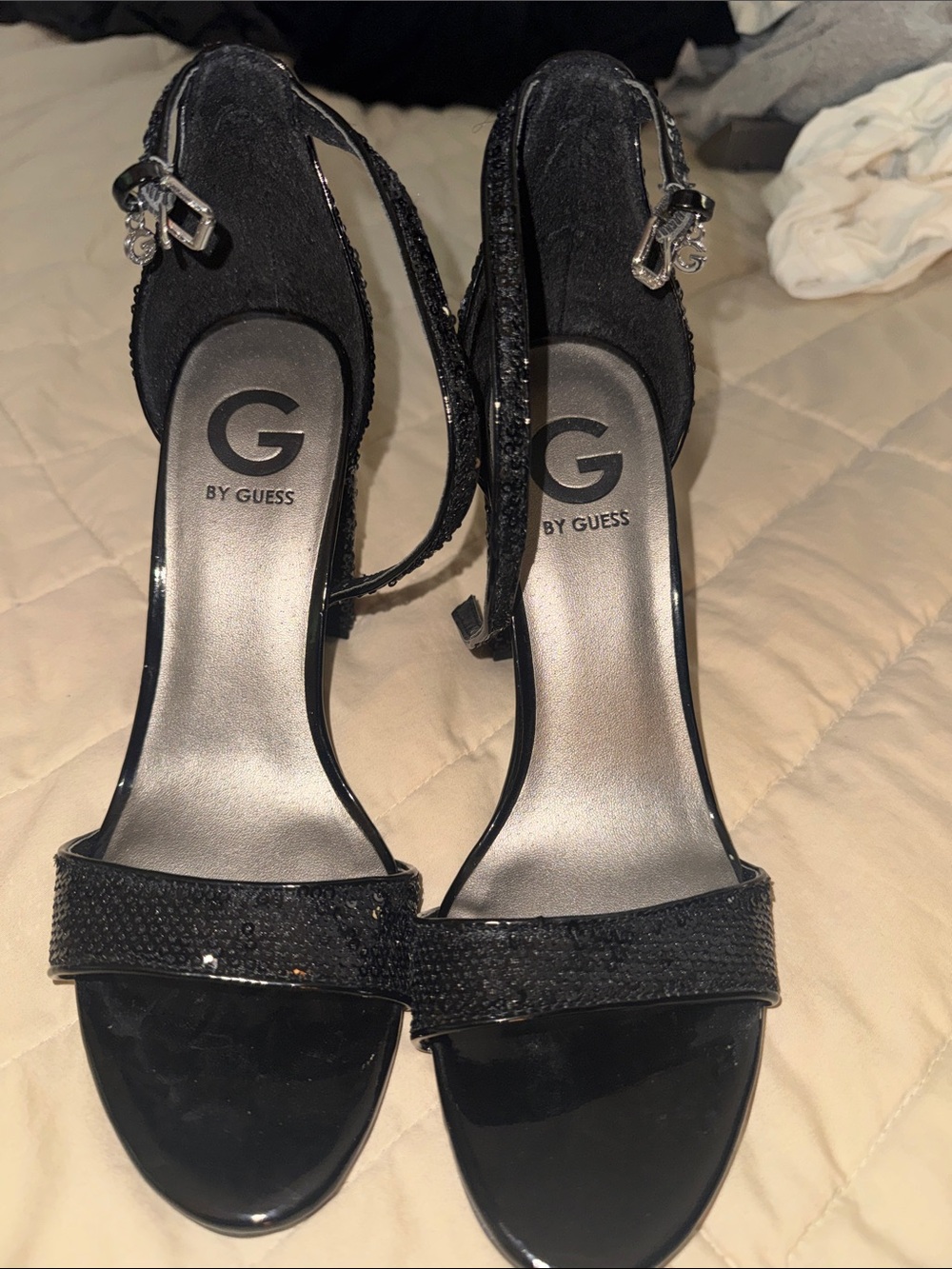 G by Guess Black Open-Toe Stiletto Sandals with Ankle Strap